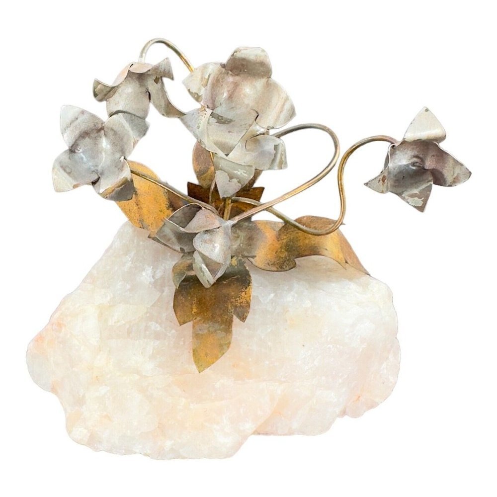 Vintage Mixed Metal Floral Sculpture on Raw Quartz Crystal Base 5in Tall Vintage